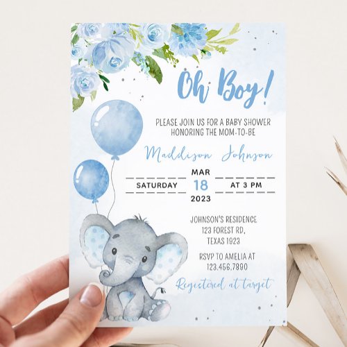 Blue Elephant Baby Shower  Invitation