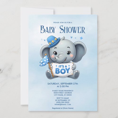 Blue Elephant Baby Shower Invitation