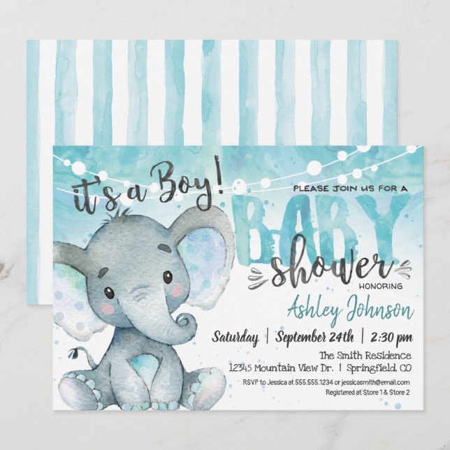 Blue Elephant Baby Shower Invitation, boy Invitation (Front/Back)