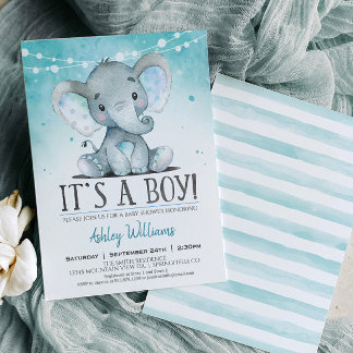 Blue Elephant Baby Shower Invitation, Boy Invitation