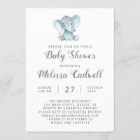 Blue Elephant Baby Shower Invitation, Boy Invitation