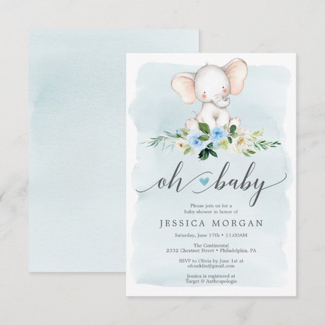Blue Elephant Baby Shower Invitation Card (Front/Back)