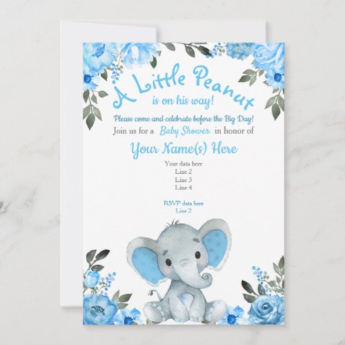 Blue Elephant Baby Shower invitation Floral Boy Invitation