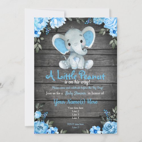 Blue Elephant Baby Shower invitation rustic boy Invitation