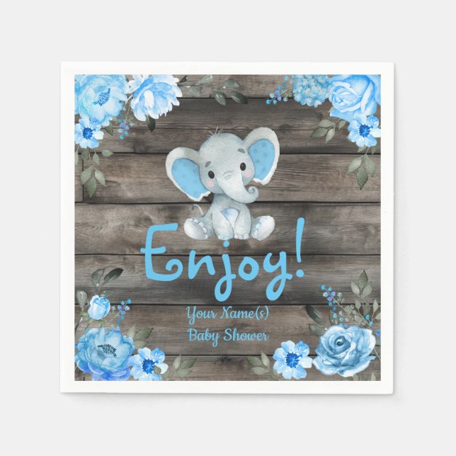 Blue Elephant Baby Shower invitation, rustic boy Napkins (Front)