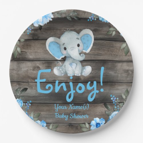 Blue Elephant Baby Shower invitation rustic boy Paper Plates