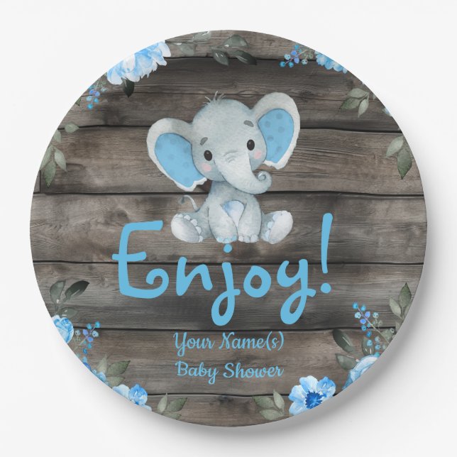 Blue Elephant Baby Shower invitation, rustic boy Paper Plates (Front)