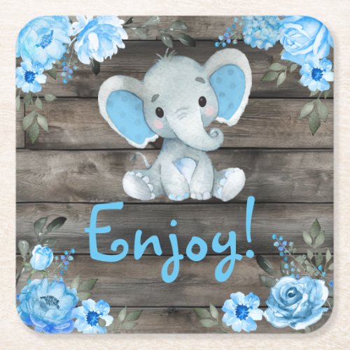 Blue Elephant Baby Shower invitation rustic boy Square Paper Coaster