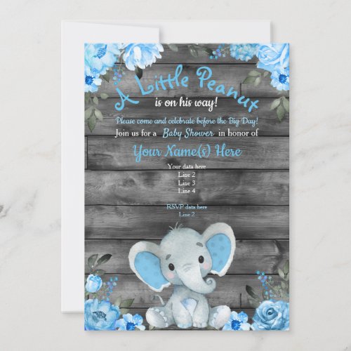 Blue Elephant Baby Shower invitation rustic  Invitation