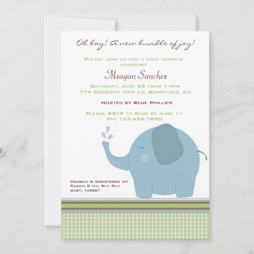 Blue Elephant Baby Shower Invite