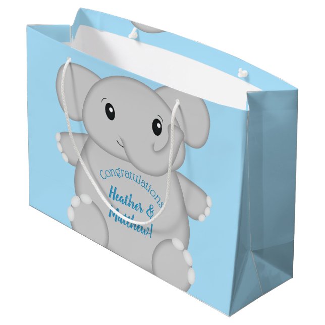 Blue Elephant Baby Shower Large Gift Bag (Back Angled)
