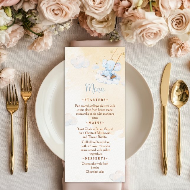 Blue Elephant Baby Shower Menu Card Cloud Stars (Creator Uploaded)