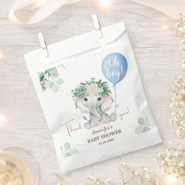 Blue Elephant Baby Shower Oh Boy  Balloon Favor Bag (Clipped)