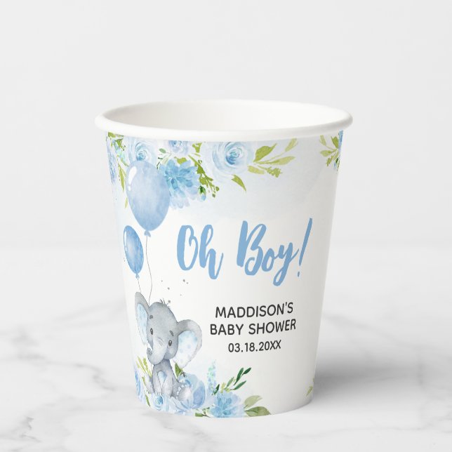 Blue Elephant Baby Shower Paper Cups (Front)