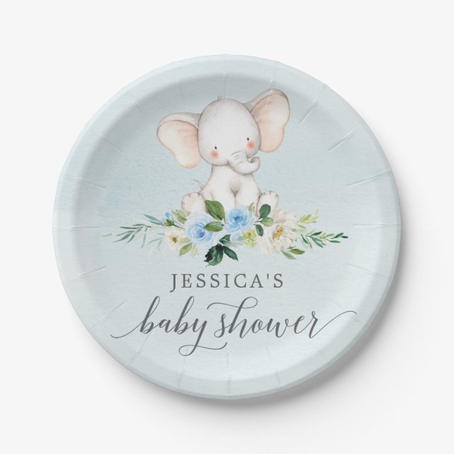 Blue Elephant Baby Shower Paper Plate (Front)