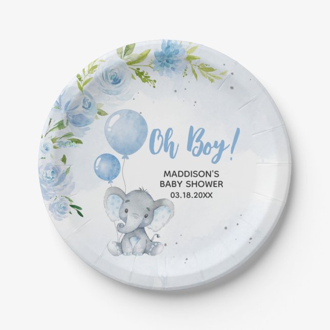 Blue Elephant Baby Shower Paper Plates (Front)