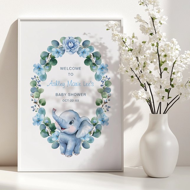 Blue Elephant Baby Shower Poster – Watercolor Flor (Baby Shower Welcome Sign)