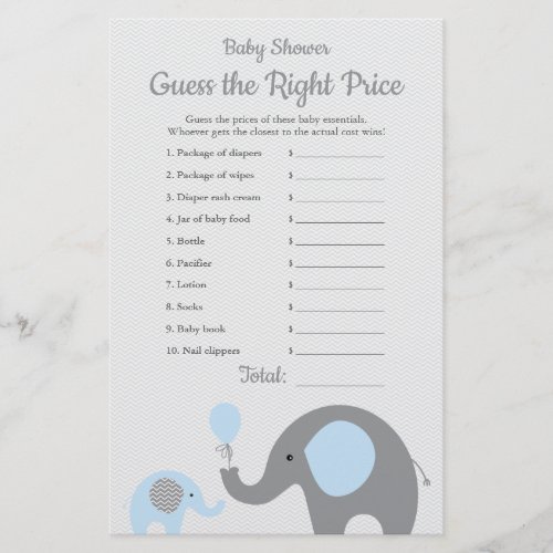 Blue Elephant Baby Shower Price is Right Game Flyer