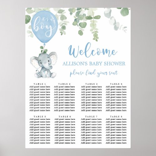Blue elephant baby shower seating chart