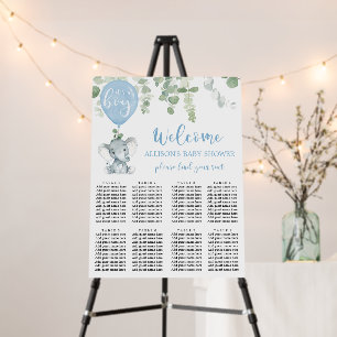 Blue elephant baby shower seating chart foam board