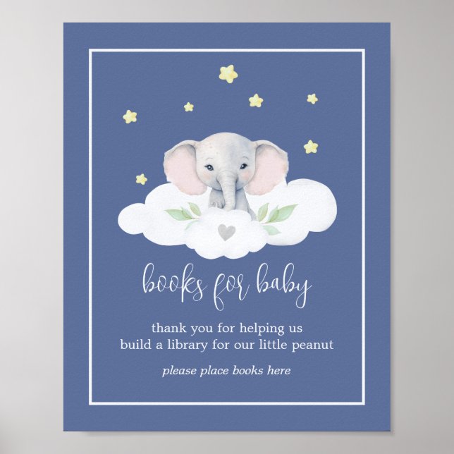 Blue Elephant Baby Shower Sign Books for Baby (Front)