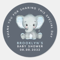 Blue Elephant Baby Shower Thank You Classic Round  Classic Round Sticker