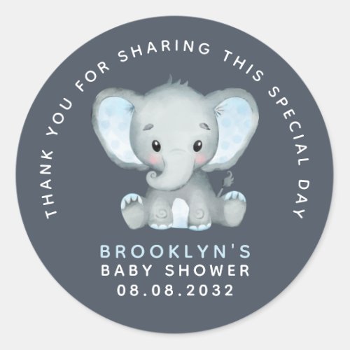 Blue Elephant Baby Shower Thank You Classic Round  Classic Round Sticker