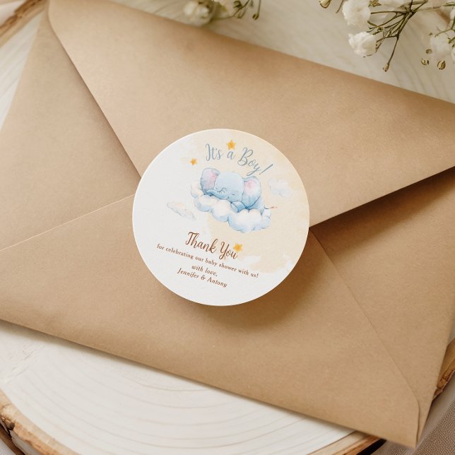 Blue Elephant Baby Shower Thank You It's a Boy Classic Round Sticker (Creator Uploaded)