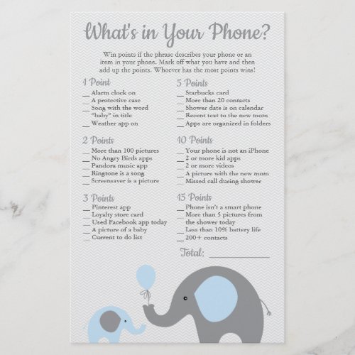 Blue Elephant Baby Shower Whats in Your Phone