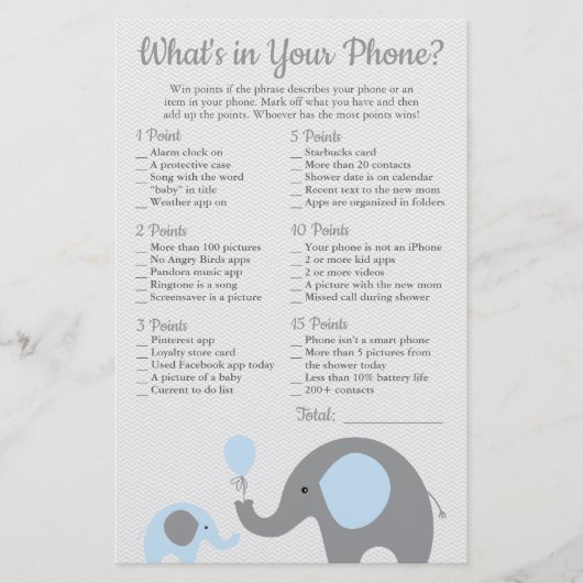 Blue Elephant Baby Shower What's in Your Phone (Front)