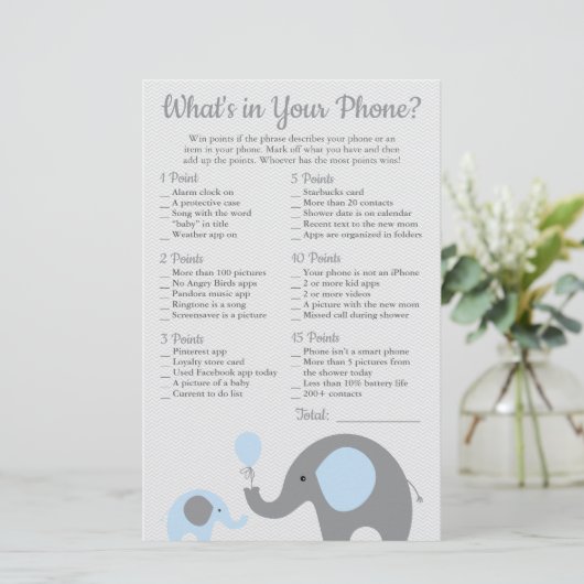 Blue Elephant Baby Shower What's in Your Phone (Standing Front)