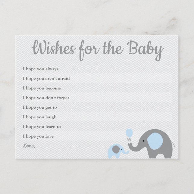 Blue Elephant Baby Shower Wishes for Baby Cards (Front)
