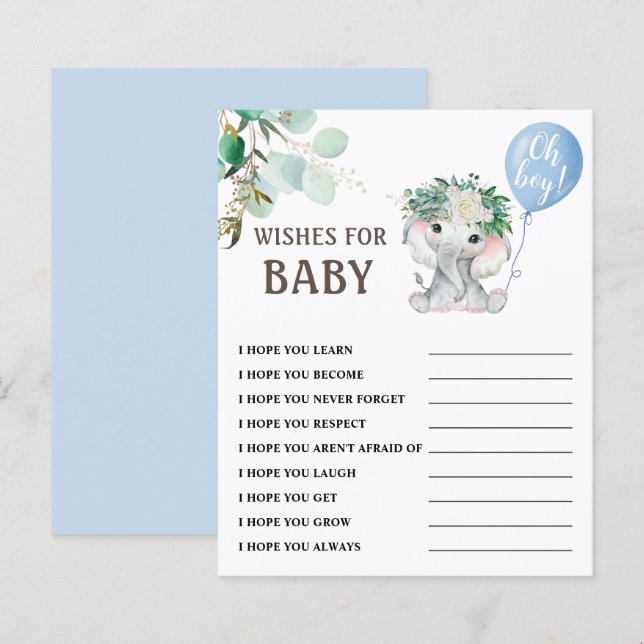 Blue Elephant Baby Shower Wishes for Baby Game (Front/Back)