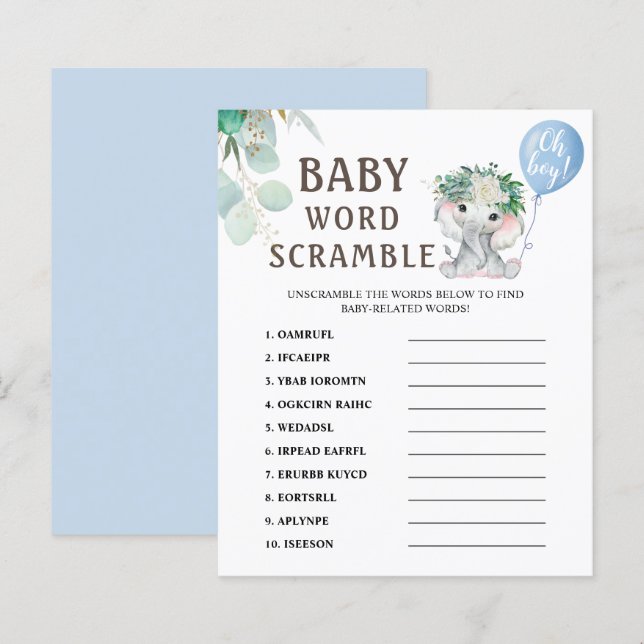 Blue Elephant Baby Shower Word Scramble Game (Front/Back)