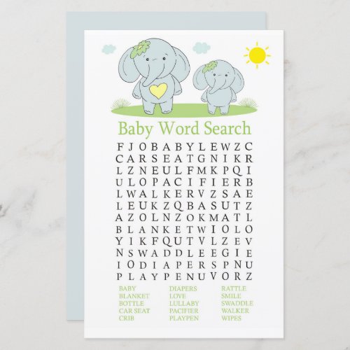 Blue elephant Baby Shower Word Search Game