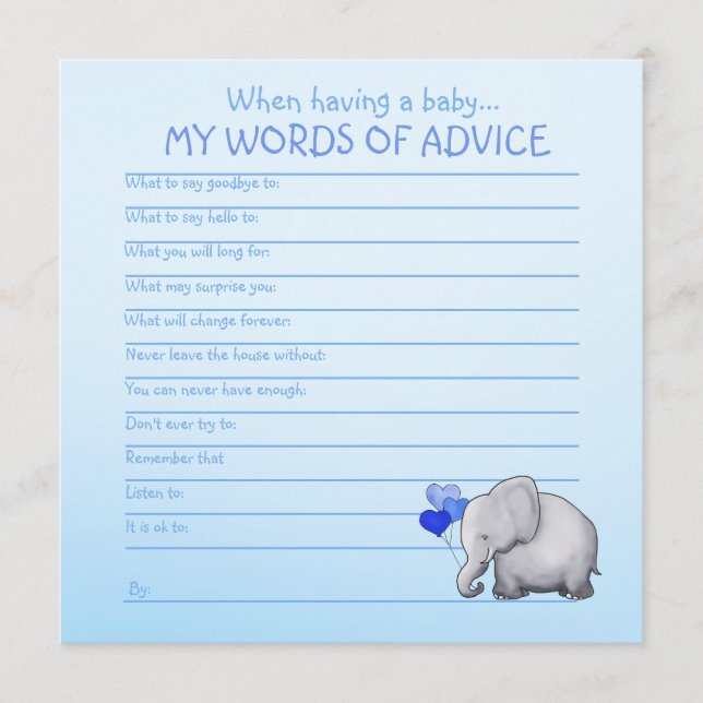 Blue Elephant Baby Shower Words of Advice for Baby (Front)