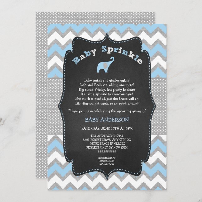 Blue elephant baby sprinkle, boy baby shower invitation (Front/Back)