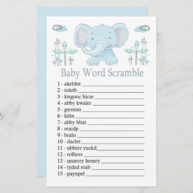 Blue elephant Baby word scramble game (Front/Back)