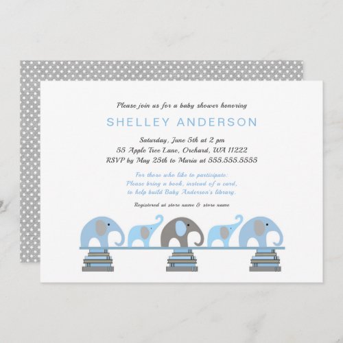 Blue Elephant Babys First Library Baby Shower Invitation