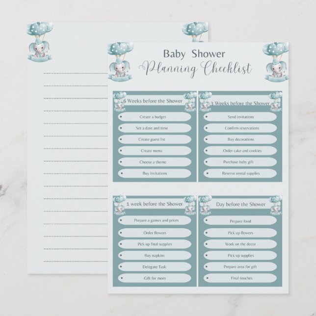 Blue Elephant Balloon Baby Boy Shower Checklist Invitation (Front/Back)