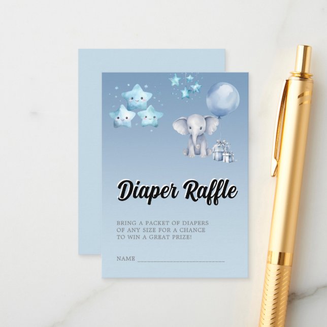 Blue Elephant & Balloon Baby Shower Diaper Raffle Enclosure Card (Front/Back In Situ)