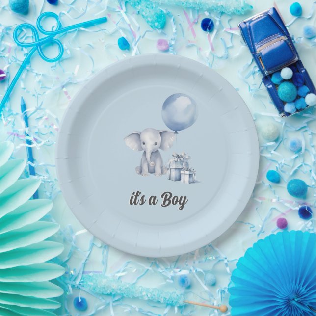 Blue Elephant & Balloon Baby Shower Paper Plates (Party)