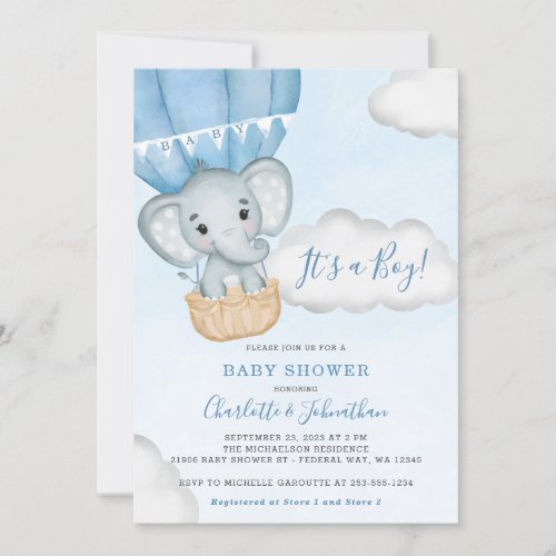 Blue Elephant Balloon Boy Baby Shower Invitation