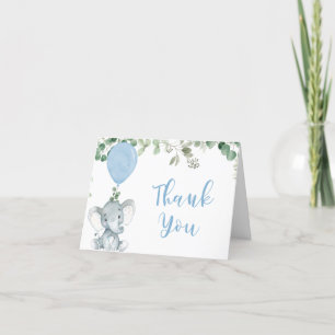 Blue elephant balloon eucalyptus greenery letterpress thank you card