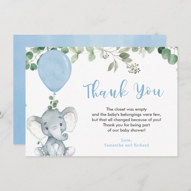 Blue elephant balloon eucalyptus greenery thank you card (Front/Back)
