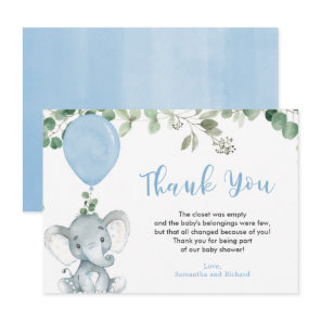 Blue elephant balloon eucalyptus greenery thank you card