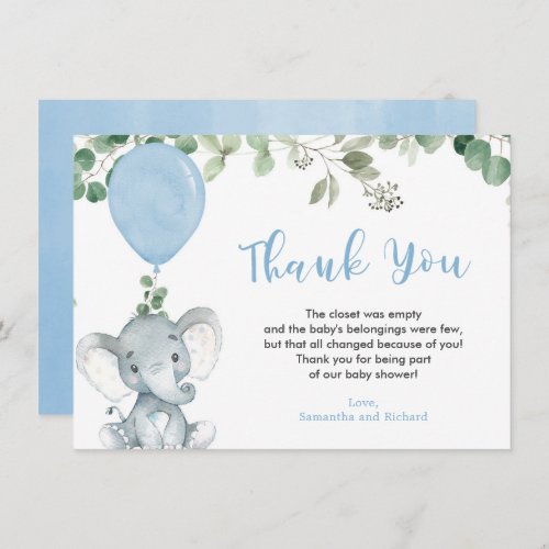 Blue elephant balloon eucalyptus greenery thank you card