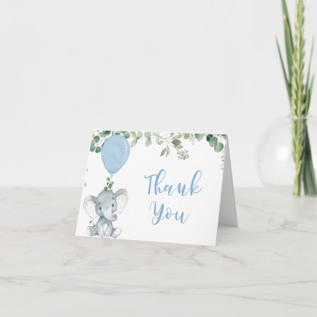 Blue elephant balloon eucalyptus greenery thank you card (Front)