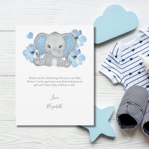 Blue Elephant Balloon Flower Baby Boy Baby Shower  Thank You Card