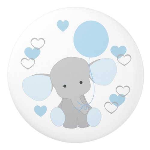 Blue Elephant Balloon Hearts Baby Boy Nursery Ceramic Knob